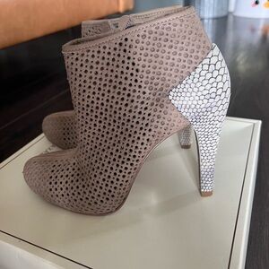 BCBG Maxazria suede ankle boot with snakeskin print heel